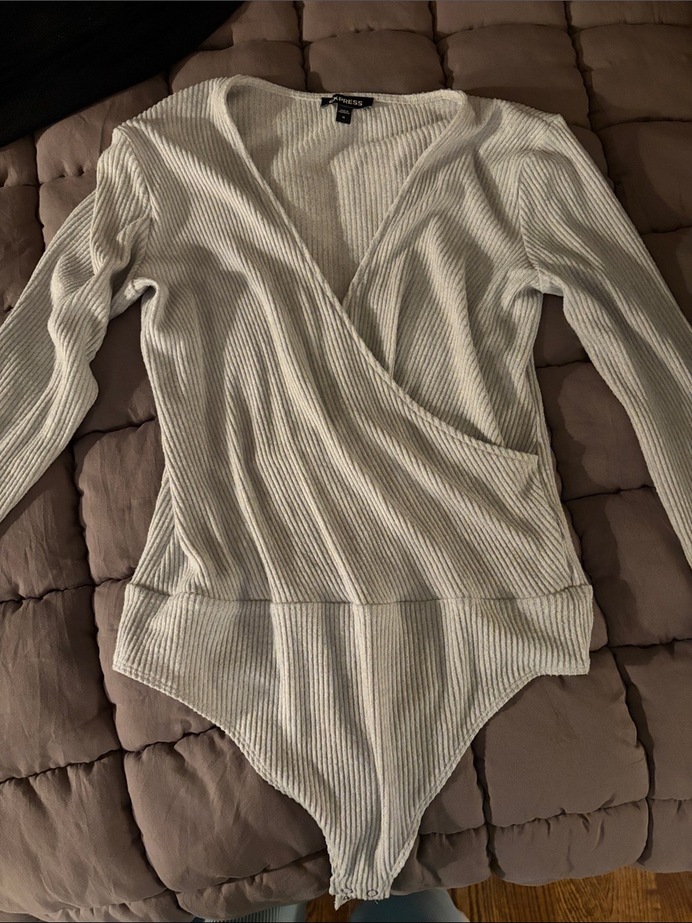 Express Ribbed Wrap-Front Long Sleeve Bodysuit in light grey